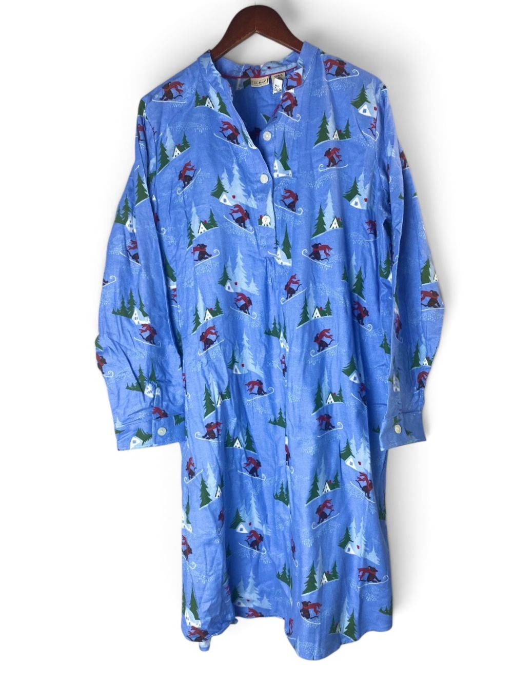 L.L.Bean Cotton Flannel Nightgown Winter Ski Dog Novelty Print Size L Reg